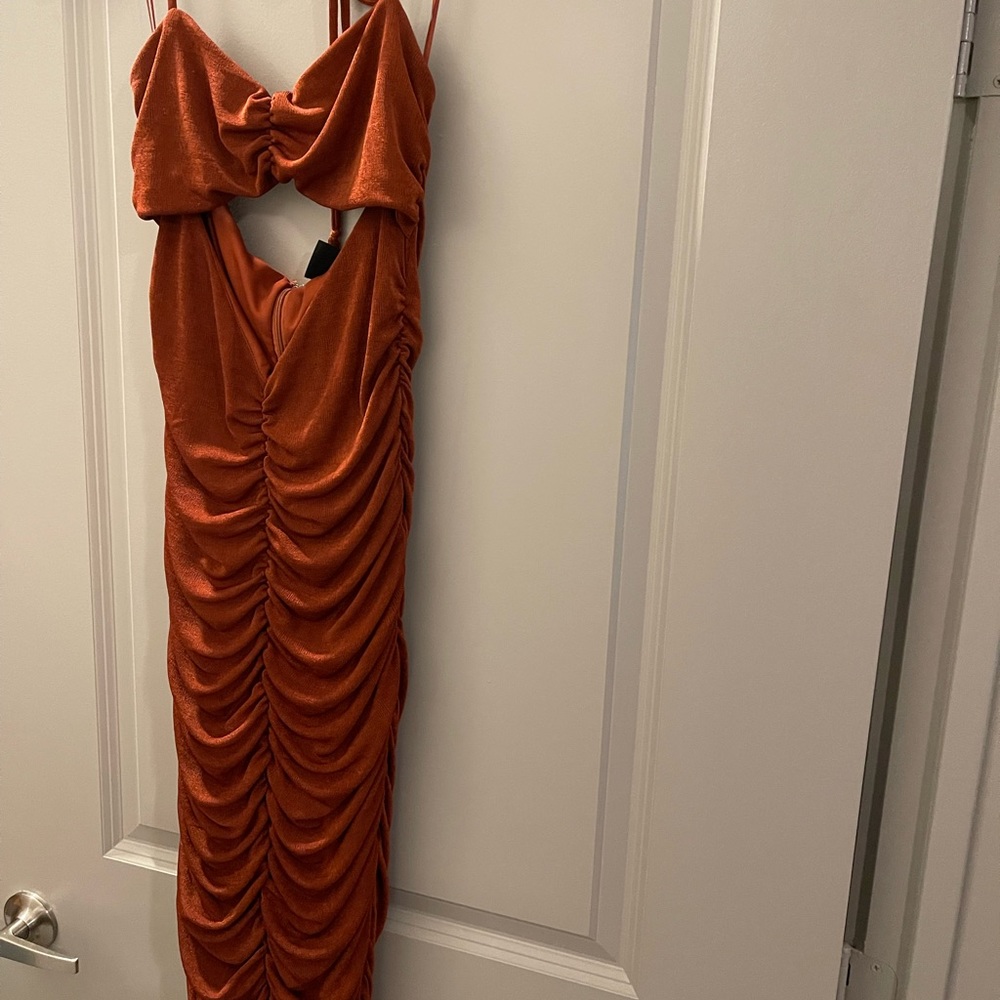 Burnt orange ruched bodycon maxi dress